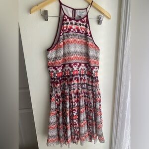 NWT Parker Mini Dress Fit & Flare Ruffle Geometric Print Halter Neck Size Small